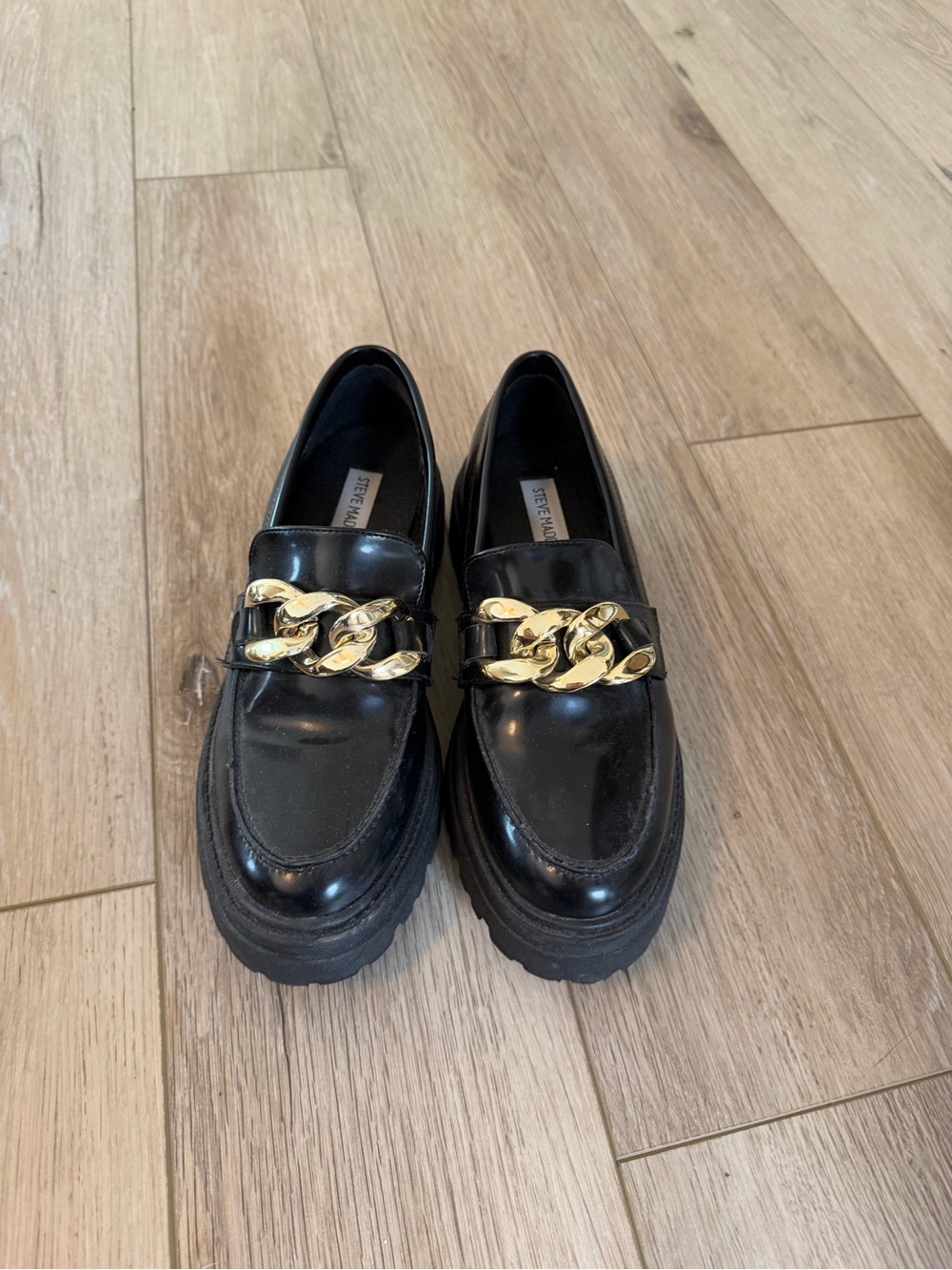 Steve Madden Black Patent Loafers with Gold Chain Accent
